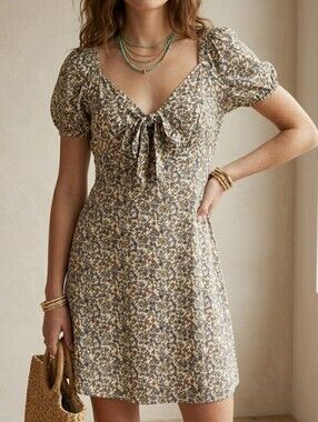 Sz M 100% Cotton Jessica Simpson Floral Puff-Sleeve Mini Dress in Cream & Brown
